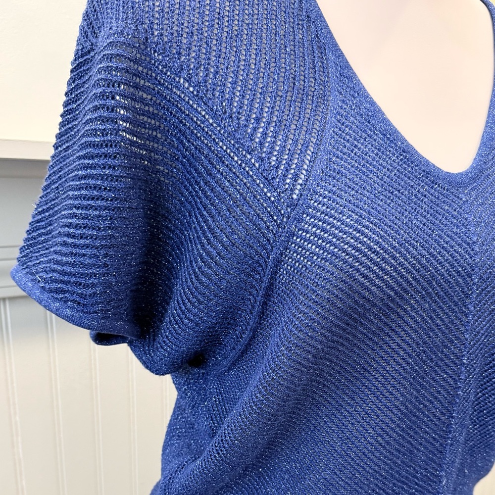 Express Metallic Blue Semi Sheer Knit Sweater Boxy Small Short Sleeve - Picture 3 of 7